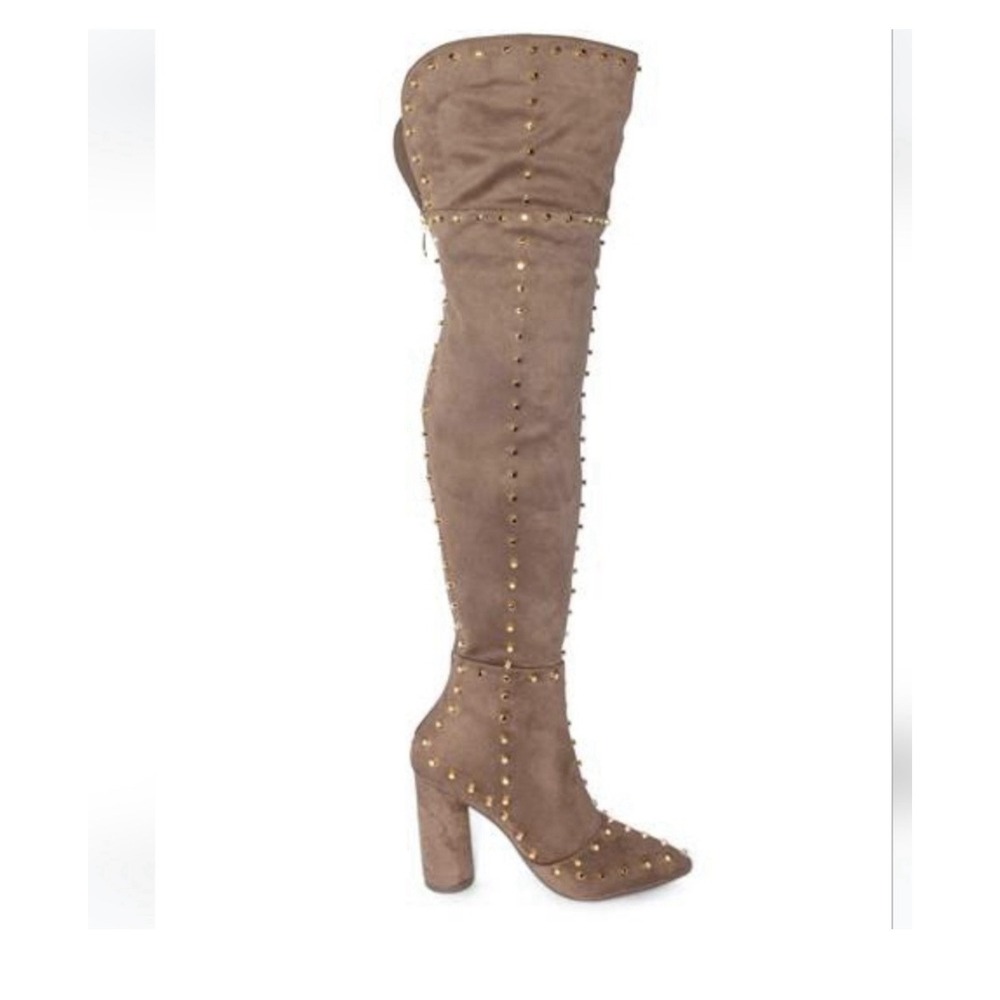 Venus Studded Over the Knee Boots Taupe Faux Suede Women's 9.5 Block Heel